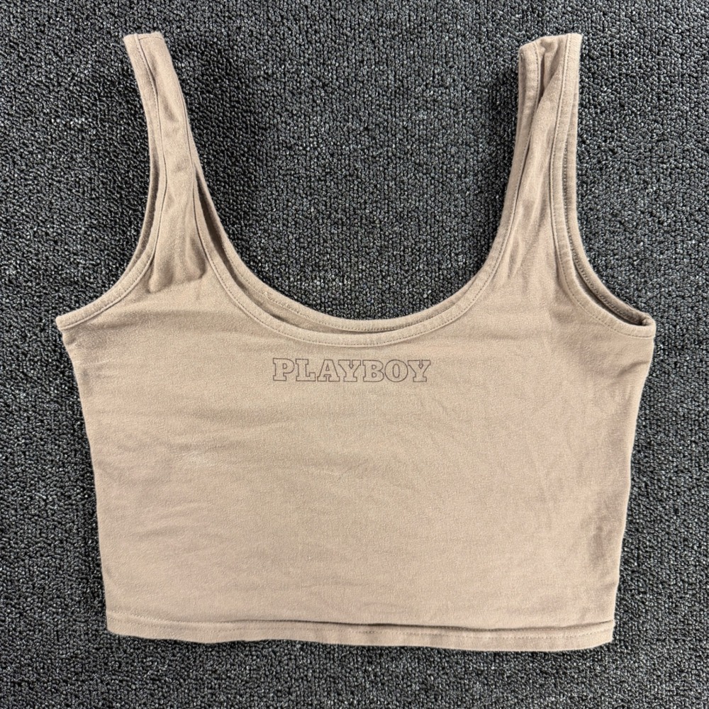 Playboy by PacSun Brown Crop Tank Top Womens Medium Scoop Neck Logo Sleeveless